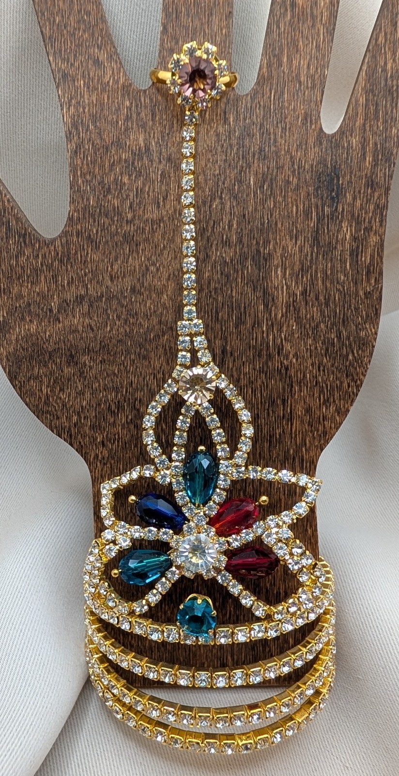 Vintage MULTI-COLOR FLORAL RHINESTONES Indian HAND CHAIN BRACELET & RING/SLAVE