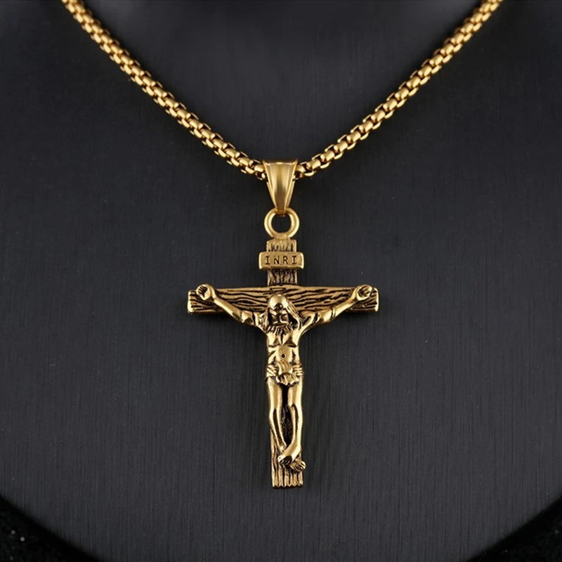 Men Stainless Steel Jesus Christ Crucifix Cross Pendant Chain Necklace