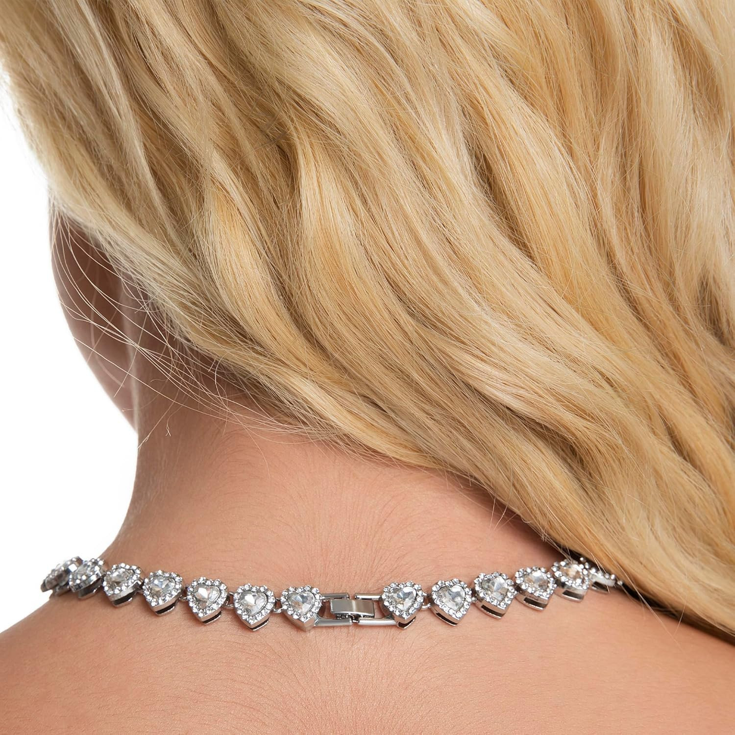 Rhinestone Hearts Necklace, Iced Out Hearts Jewelry，Silver Tennis Necklace for W