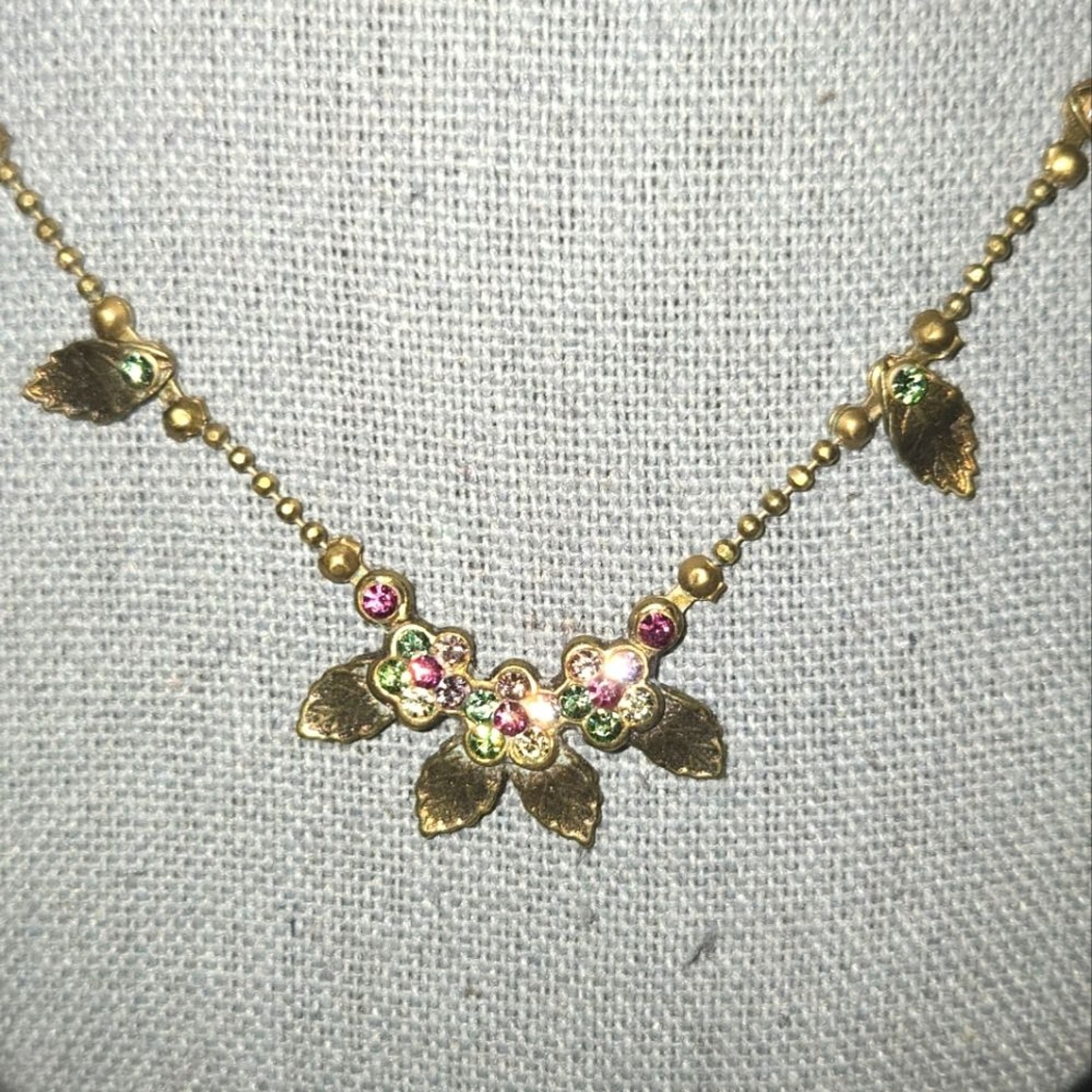 Michal Negrin Signed Swarovski Crystal Flower Bronze Ball Chain Necklace 16″