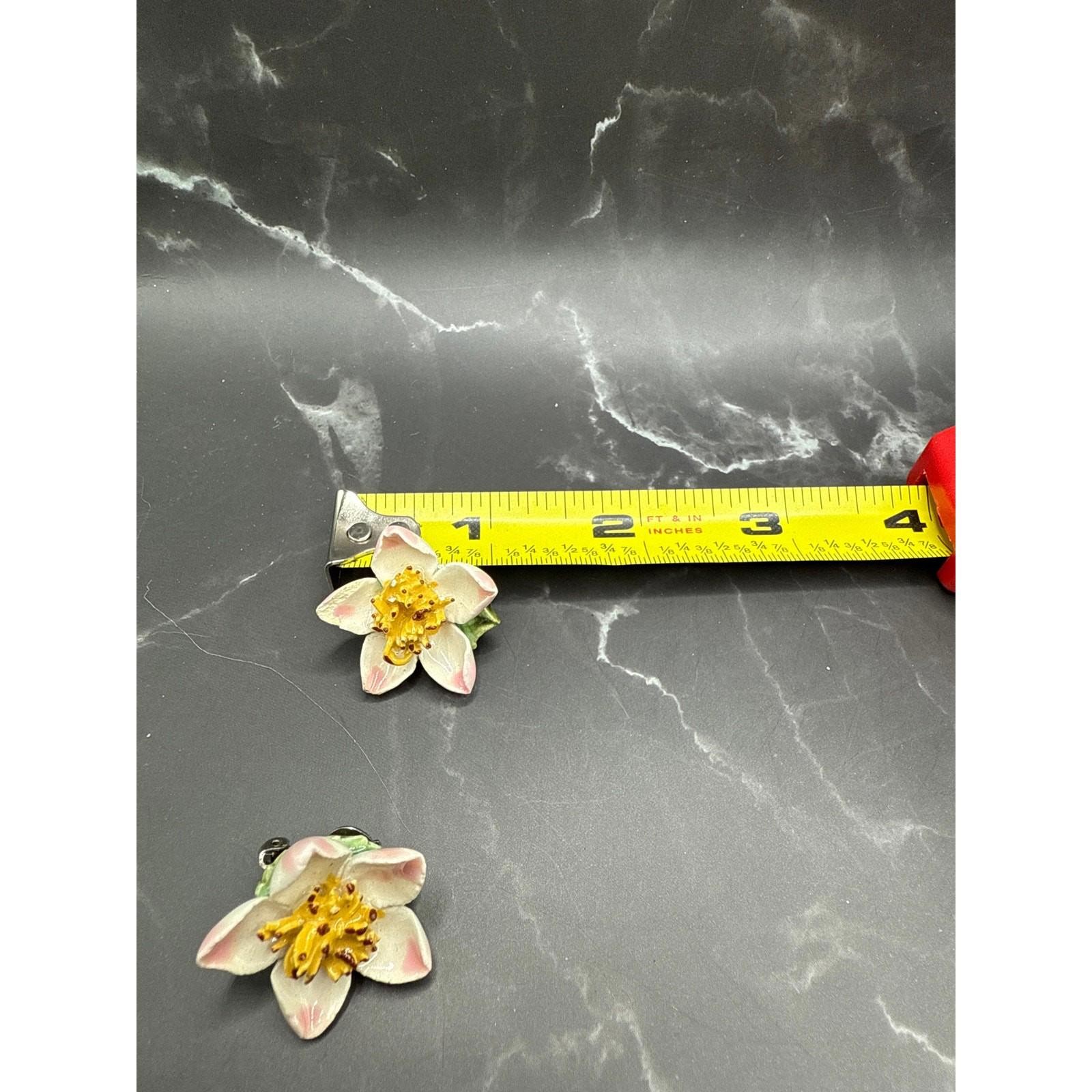 Vintage Ceramic German Enamel Flower Clip-On Earrings Yellow Center 1in