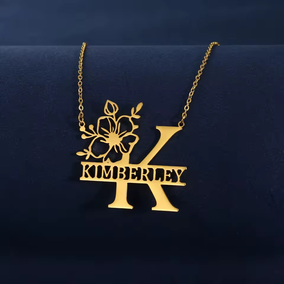 Personalized Name Flower Pendant Necklace Gold Silver Stainless Steel Jewelry