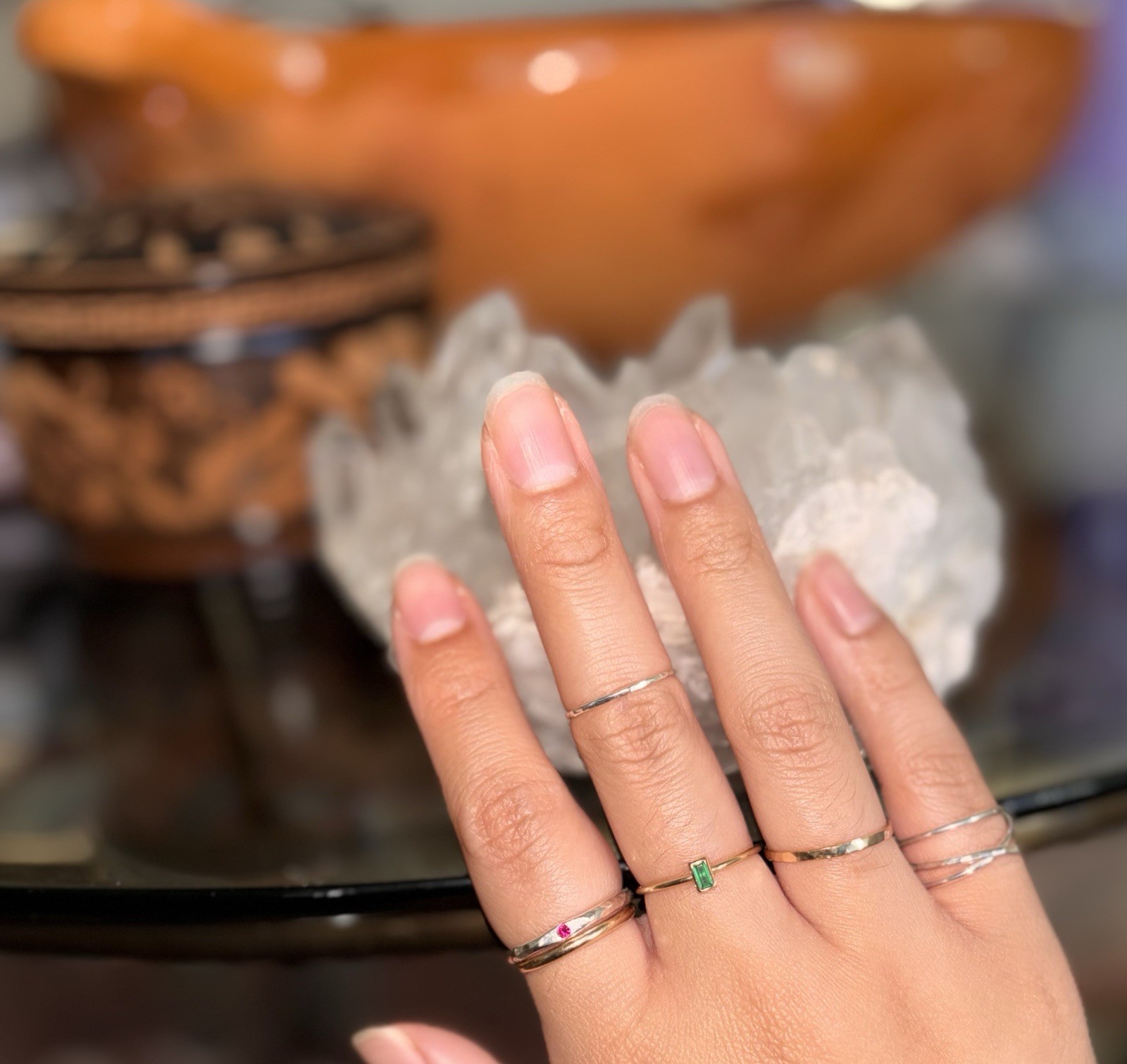 14kYG 2MM Ring & 14YG 1MM Emerald Baguette Ring