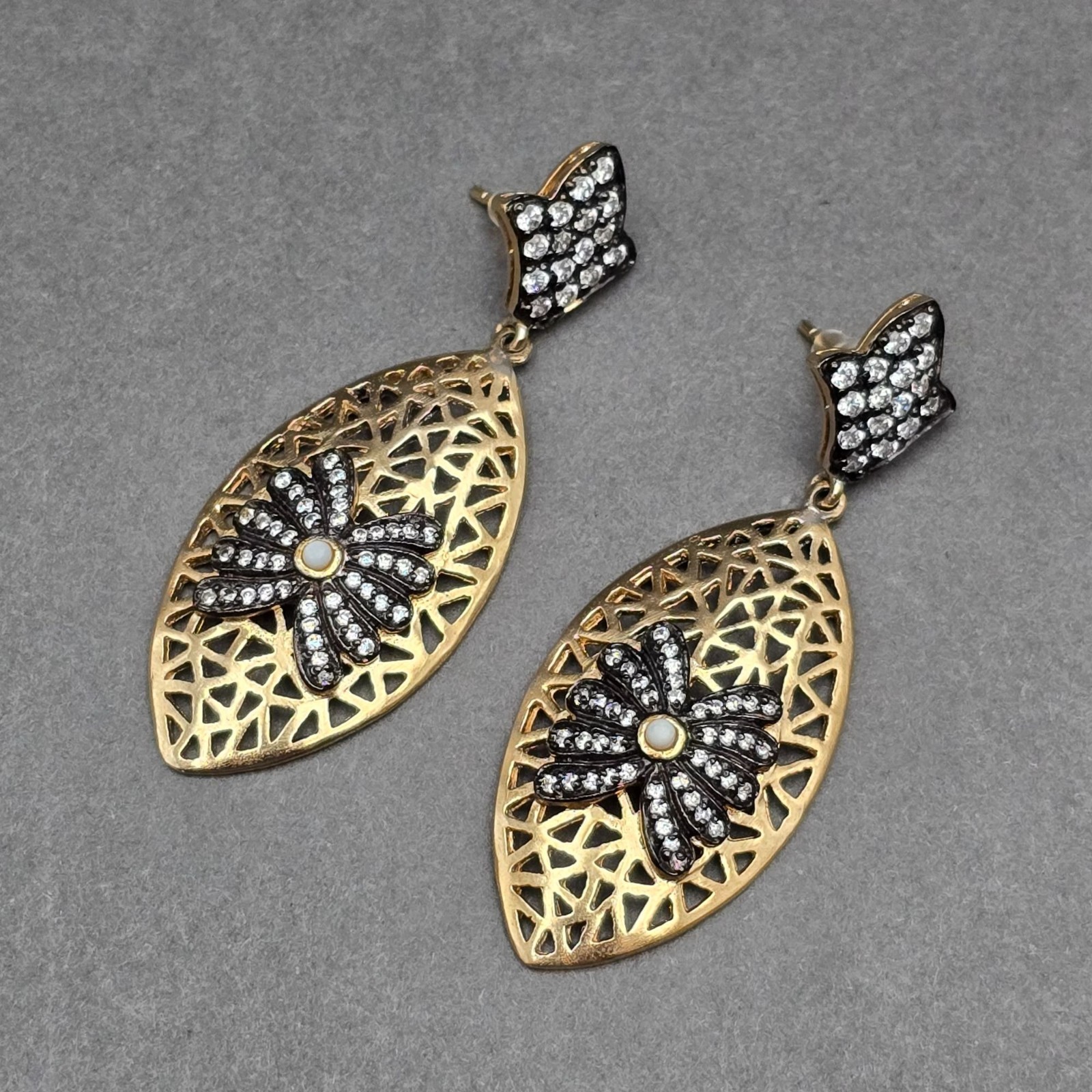 Esha Gold Plated Rhinestone Filigree Dangle Earrings 2.25″ Designer Modern Post