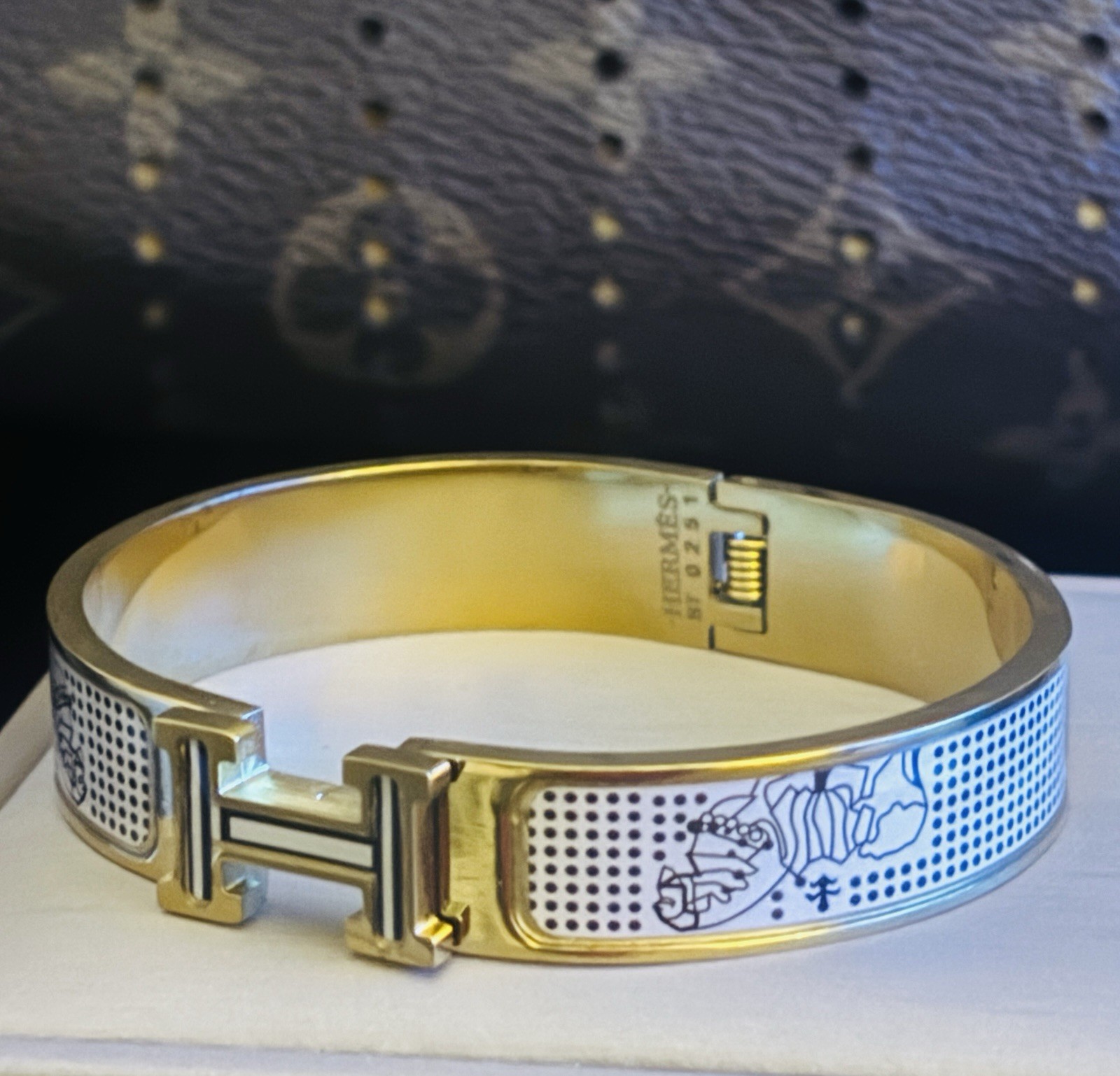 Hermès Inspired Enamel H Bracelet Gold Tone Geometric Bangle