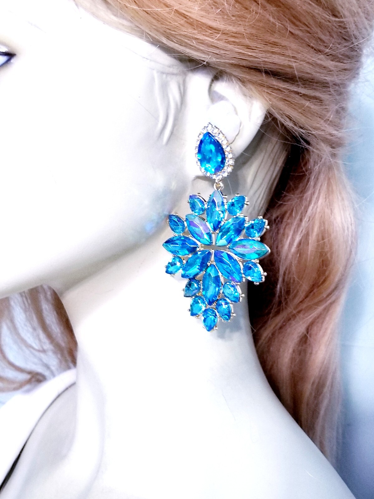 Aqua Crystal Bridesmaid Rhinestone Chandelier Drop Earrings 3.6 inch Jewelry