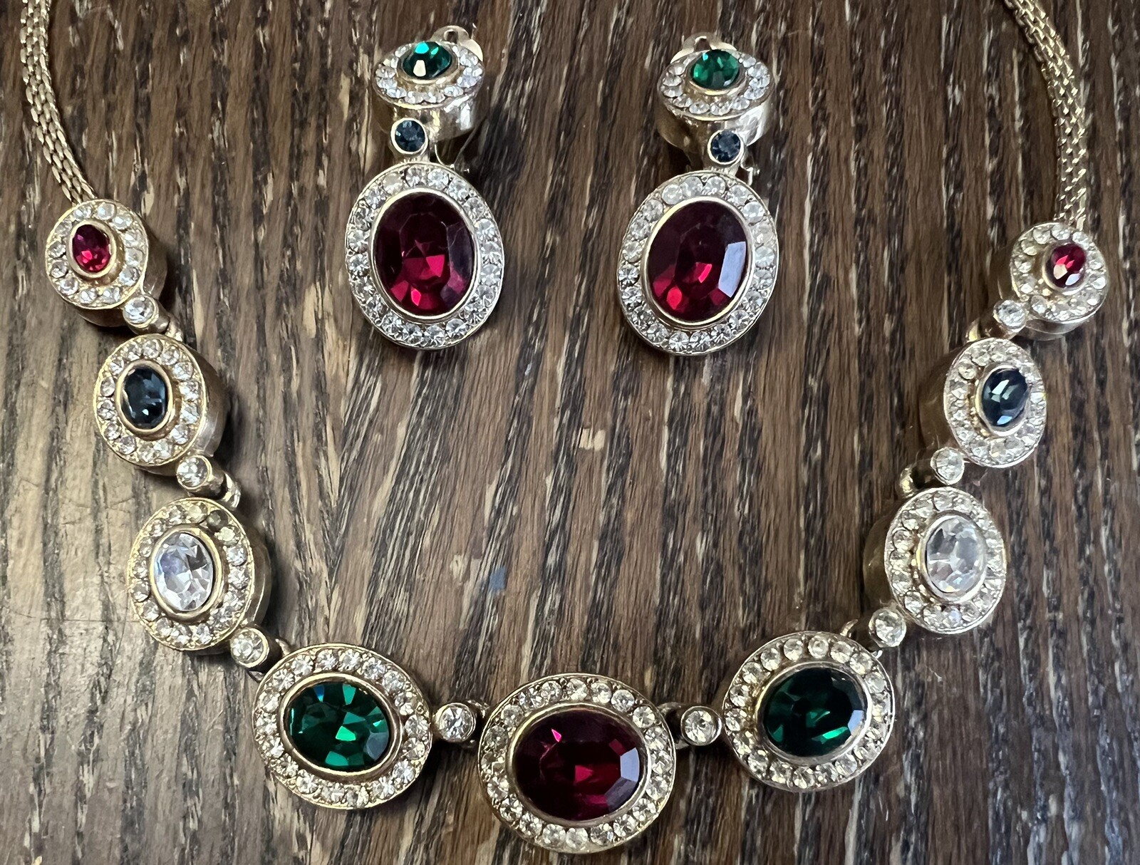 Gold Plated Red Green & Blue Crystal Necklace & Clip On Earring Set