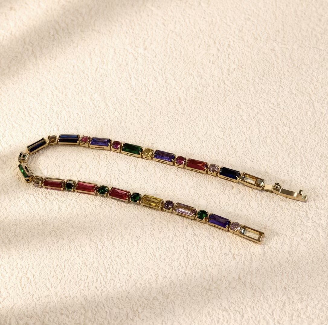 Rainbow Baguette Bracelet,Colorful CZ Bracelet,Birthday Gift for Her, BR036