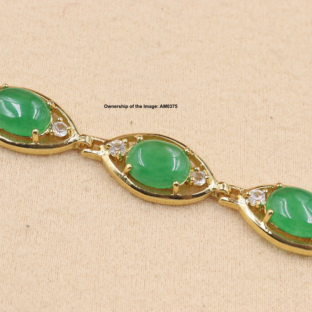 NEW Gold Plated Alloy 11mm Oval Heated Green Jade Women’s Bracelet 6.7inch