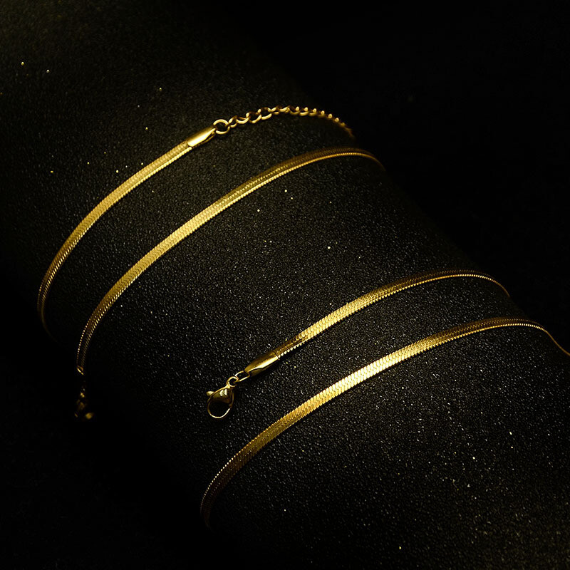 3mm Woman’s 18K Gold Plated Stainless Steel Flat Snake Necklace Choker Chain