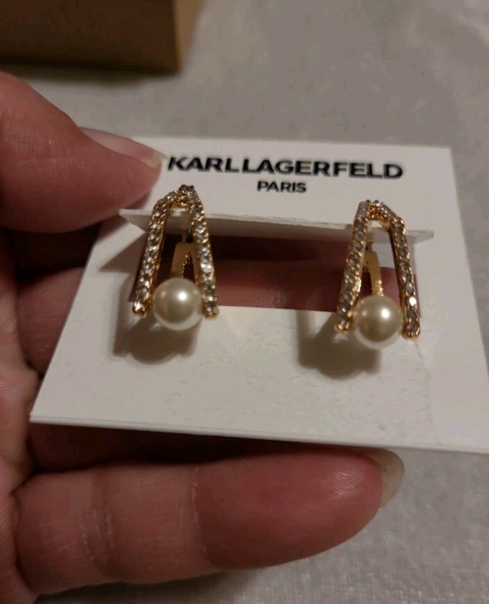 KARL LAGERFELD GOLD TONE WITH PEARLS AND CRYSTAL ACCENT EARRINGS & NECKLACE