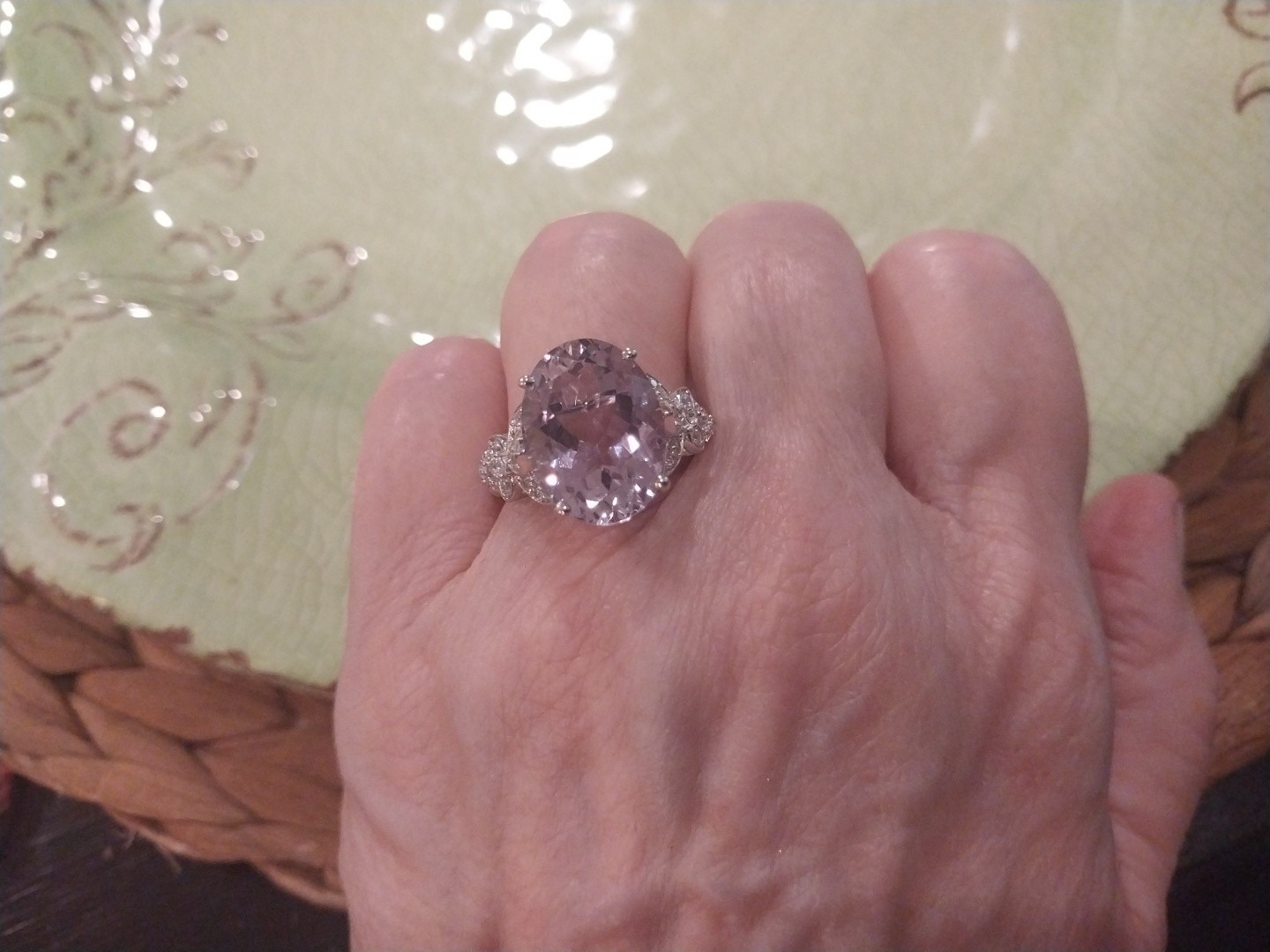 Karis Rose De France Amethyst, White Zircon Floral Rng PlatBond, sz 9, TCW= 9.70