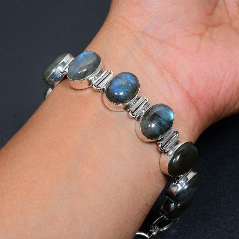 925 Sterling Silver Natural Labradorite Oval Gemstone Link Bracelet Handmade