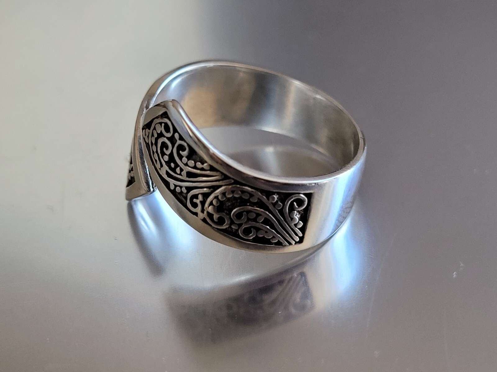 Bohemian .925 Sterling Silver Spoon Ring – Bali Boho Swirl Filigree Band Ring