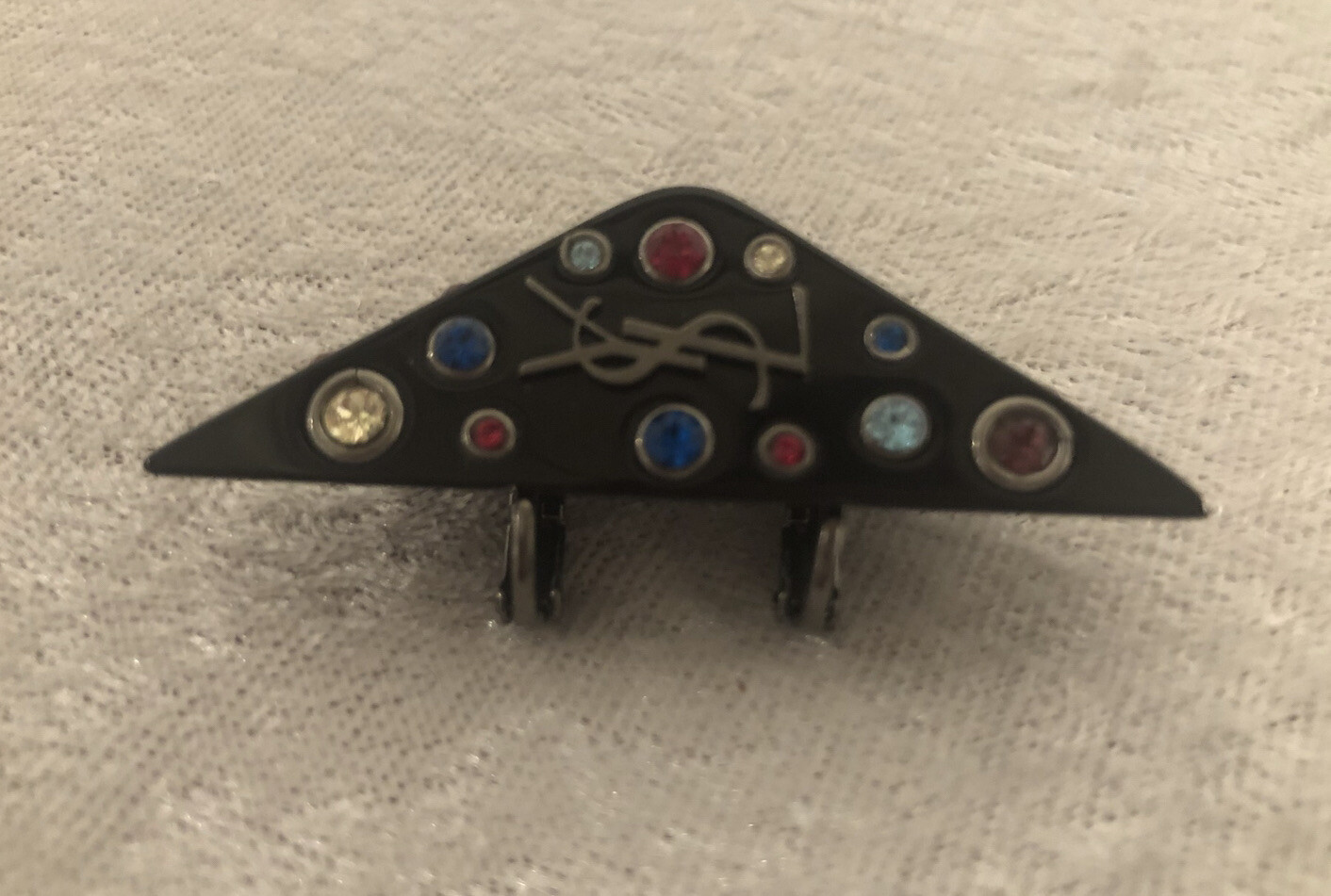 New Saint Laurent Crystal Monogram YSL Logo Triangle Clip On Earrings $495.00