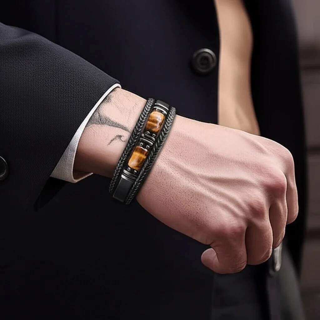 Tiger Eye Black Leather Men Bracelet Strength Crystal Stone Healing Fashion Gift