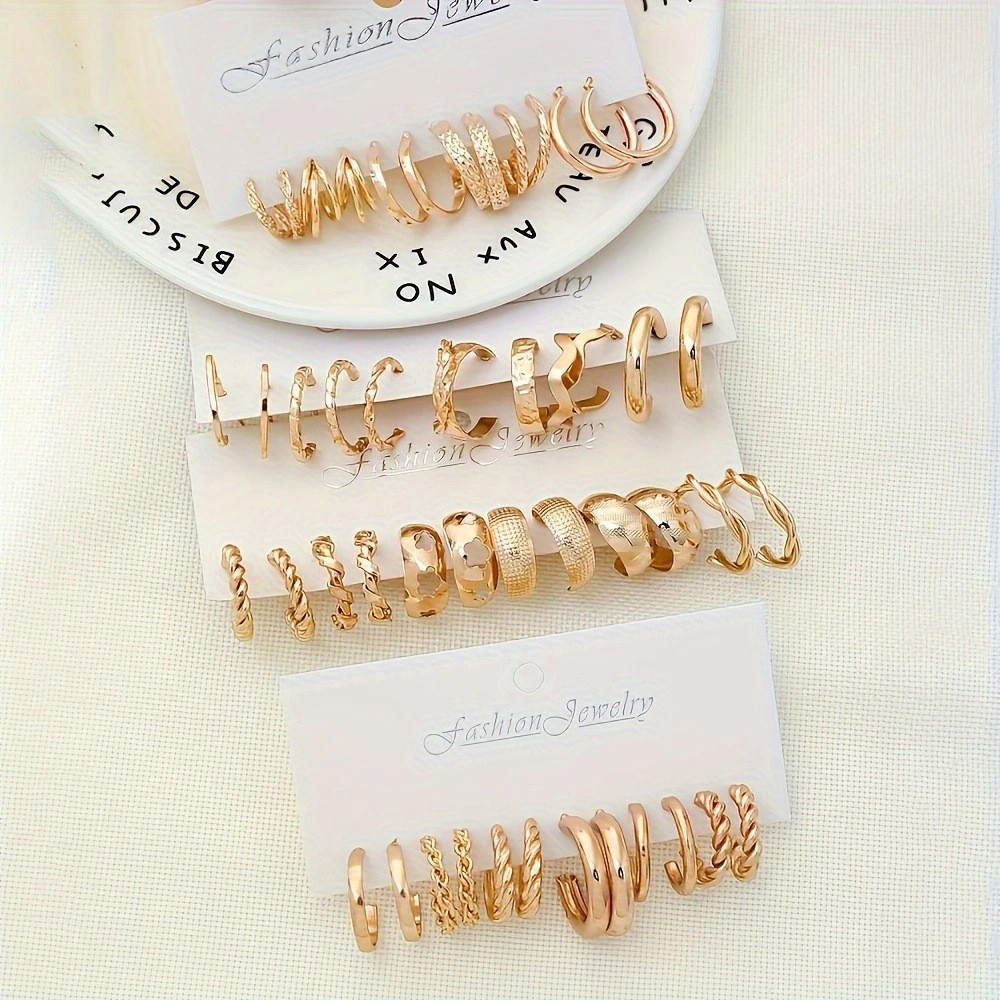 24 Pairs Golden Earrings Set Fashion C-shaped Alloy Earrings for Women’s Jewelry