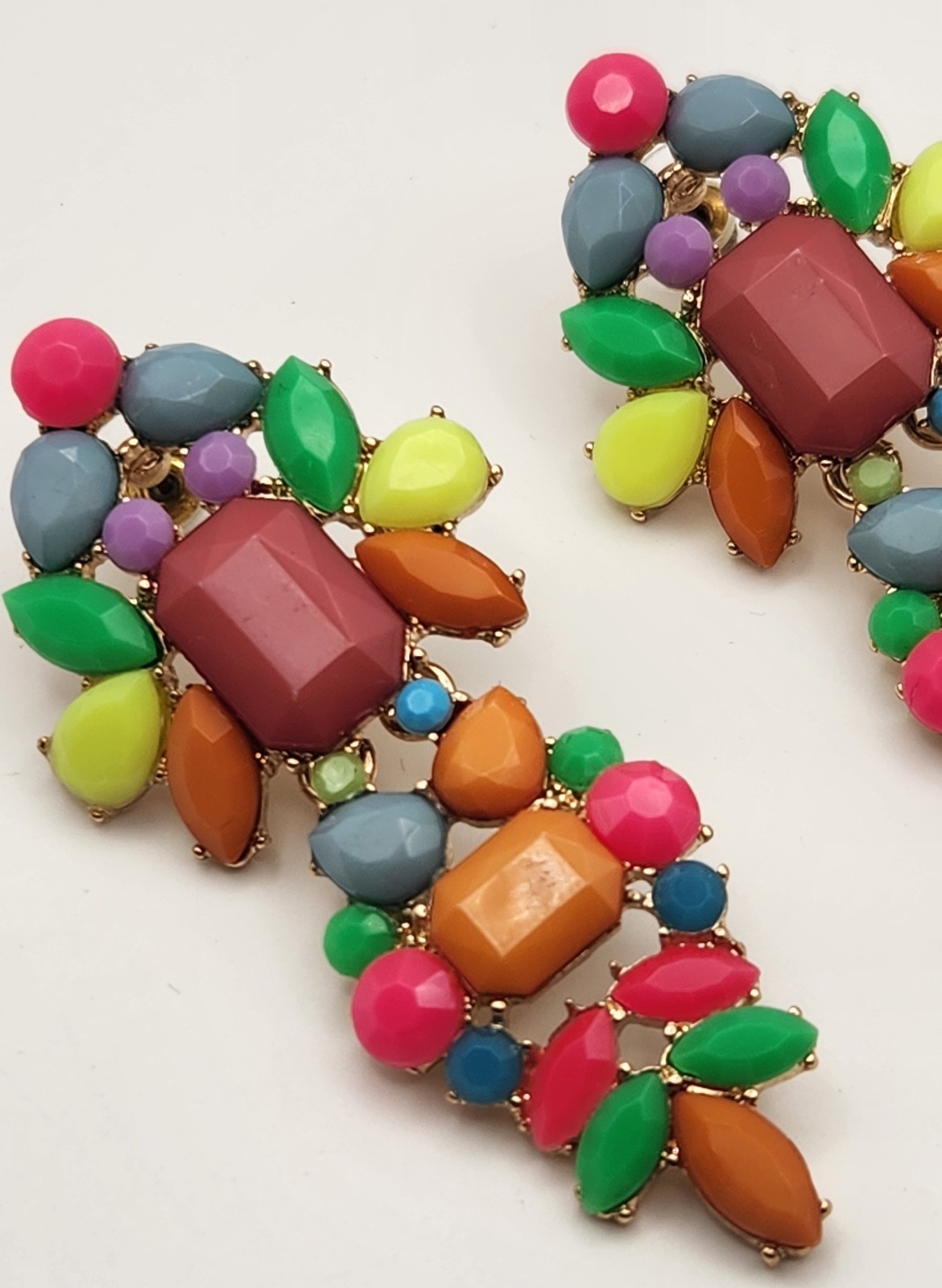 Colorful Neon Statement Dangle Earrings Multicolor Resin Gold Tone Boho Festival