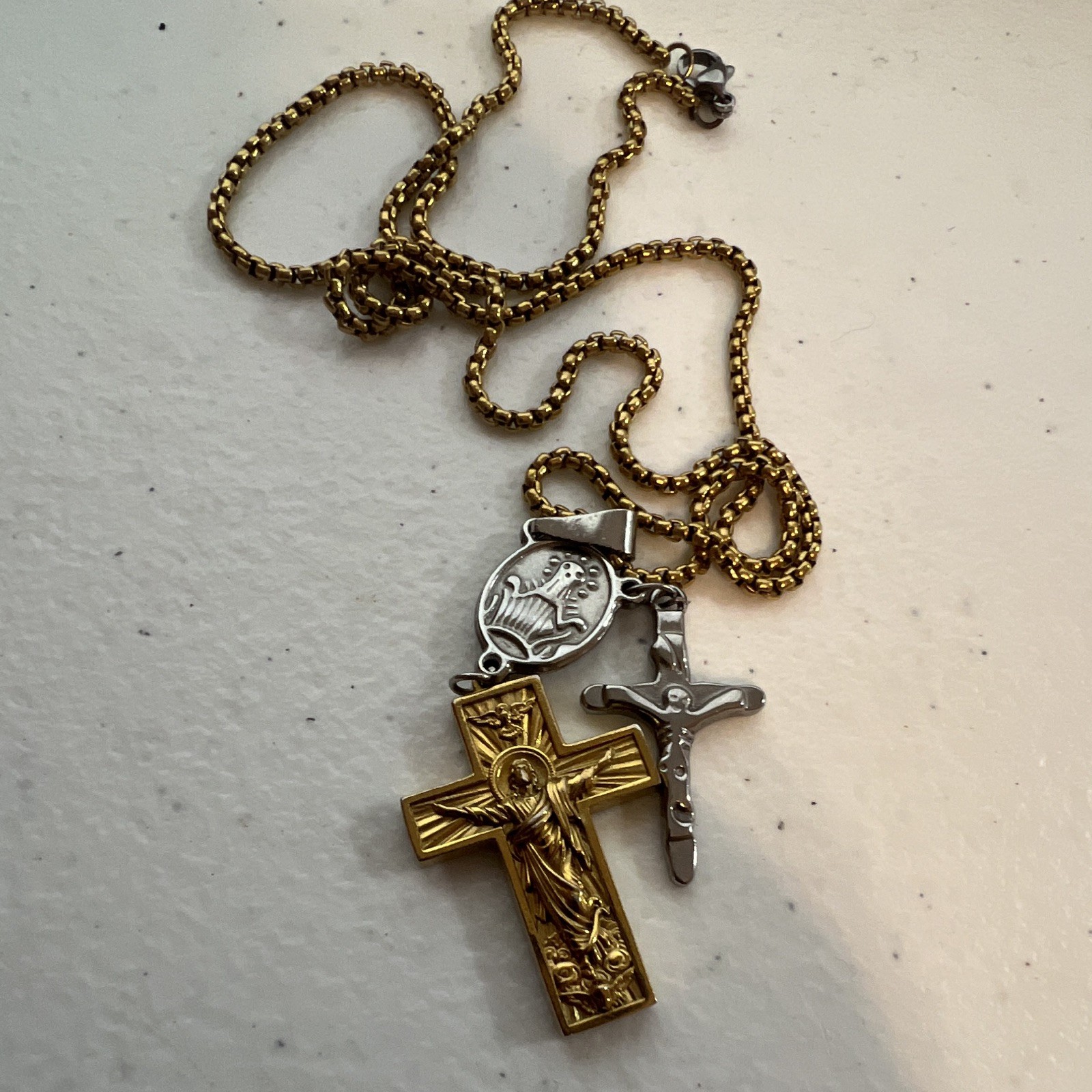 Gold & Silver Tone Rope Chain Necklace Cross/Crucifix Medallion, Lobster