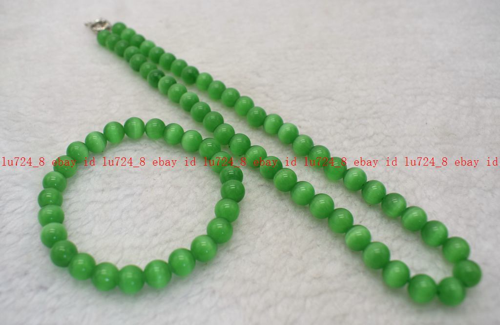 Wonderful 6/8/10mm Green Cat’s Eye Opal Round Gems Beads Necklace Bracelet Set