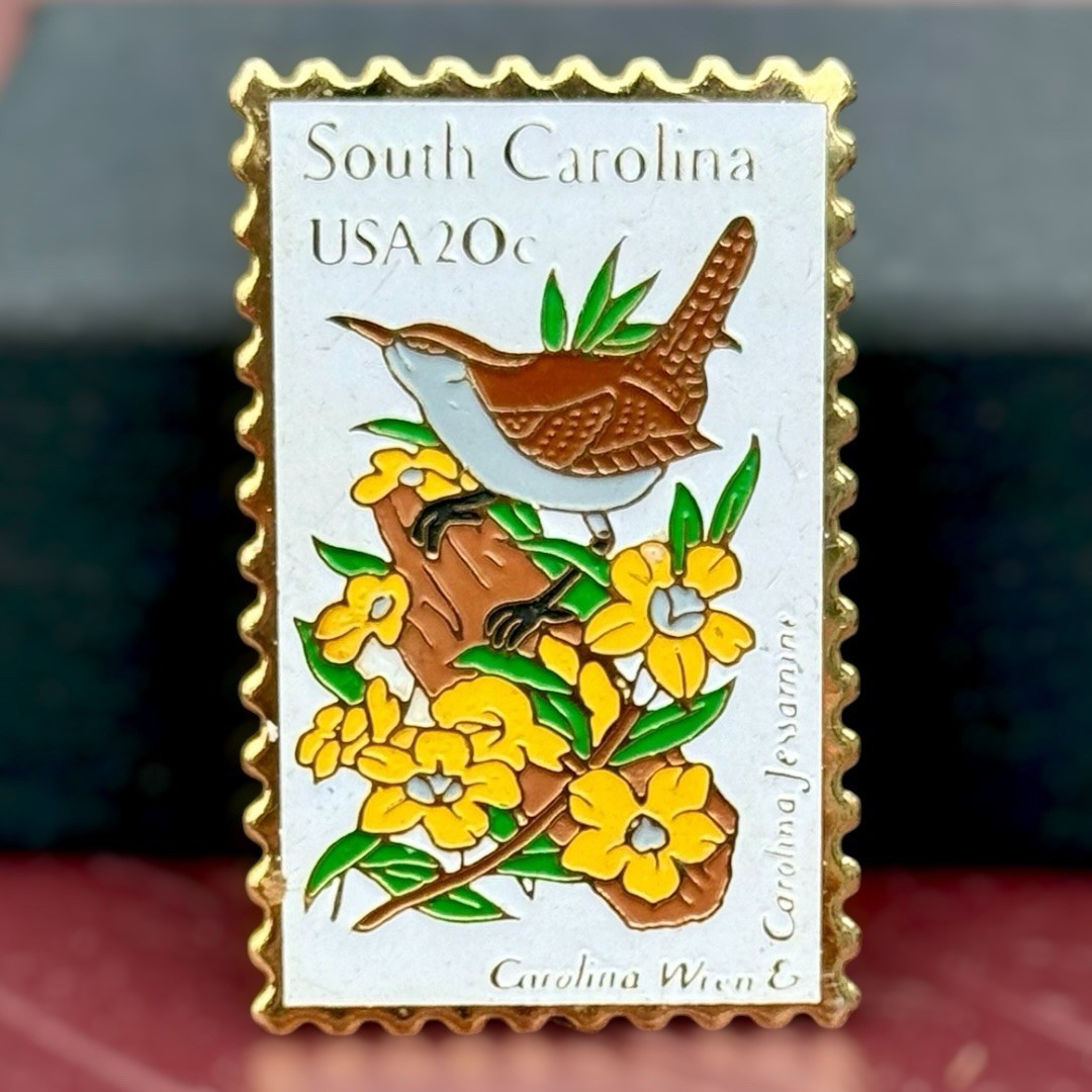 Vintage USPS South Carolina Stamp Pin Carolina Wren Jasmine Enamel 20c Lapel Pin