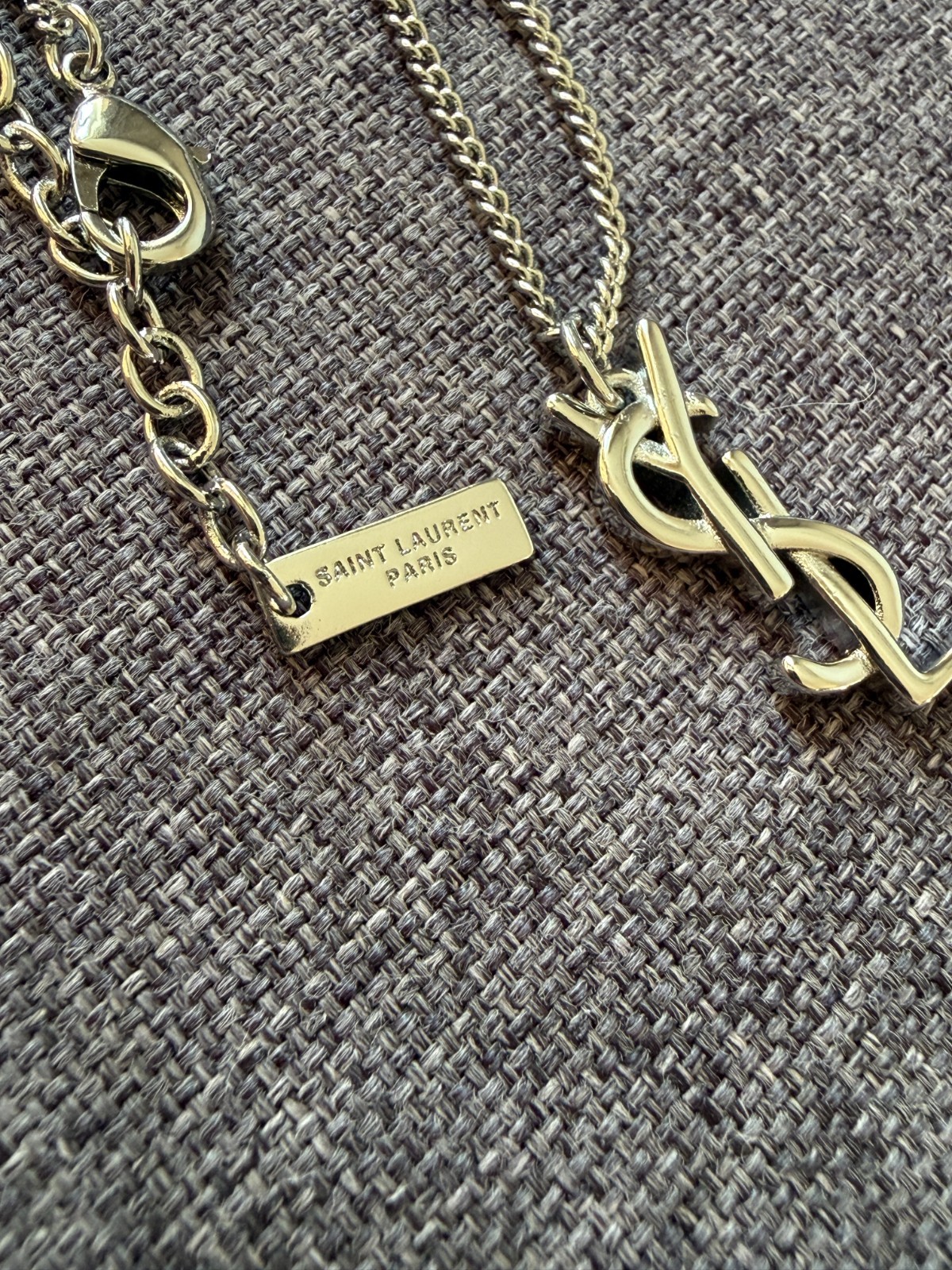 Saint Laurent Pendant YSL Necklace Monogram Silver Tone Adjustable Chain Luxury