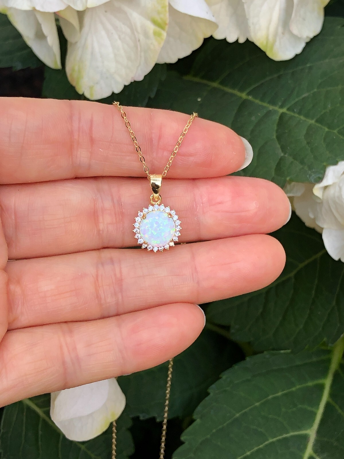 925 Sterling Silver White Opal Halo Pendant Necklace Cz 10mm 16-18″ Simulated