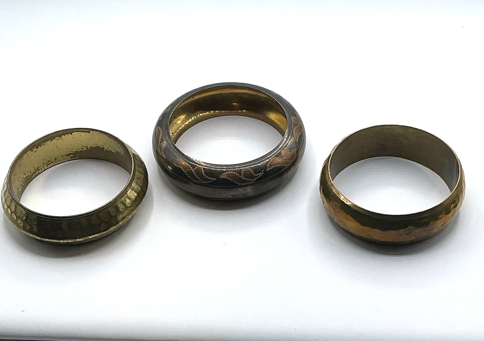 Lot of 3 Brass & Brass Plated Bangle Bracelets Hammered Copper Accents
