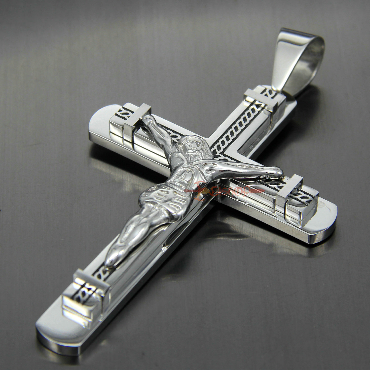 Heavy Catholic Jesus Christ INRI Cross Crucifix Stainless Steel Necklace Pendant