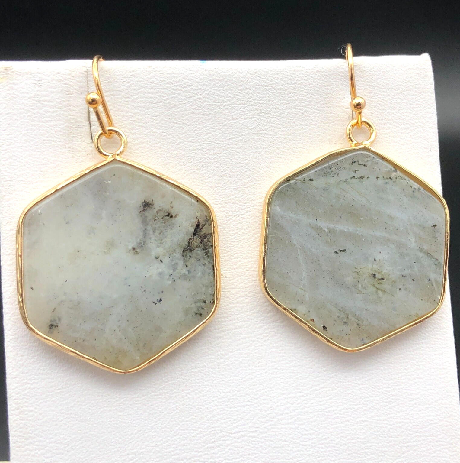 Gray Quartz Earrings Natural Hexagon Gemstone Gold Tone Bezel Drop Dangles