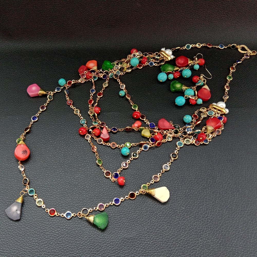 18” 5 rows Multi Color Coral Turquoise Pearl Chain Necklace Earrings Set