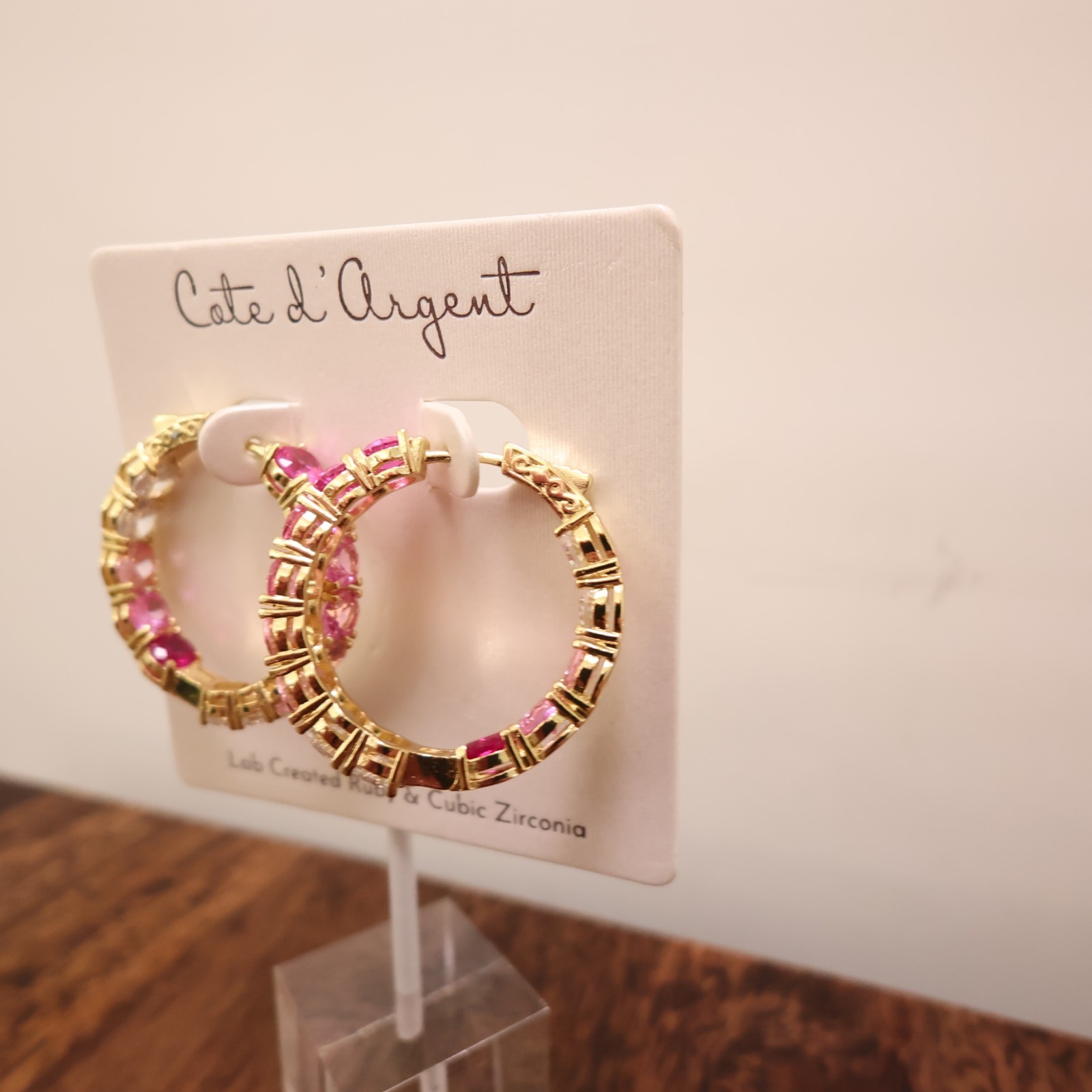 Cote d’Argent earrings pink crystal hoops inside-out lab-created rubies CZ 925