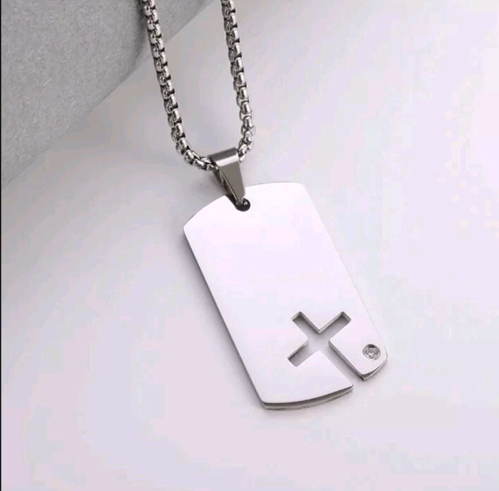 Stainless Steel Silver-Tone Dog Tag Cross Religious Pendant Necklace, 23- 1/2″