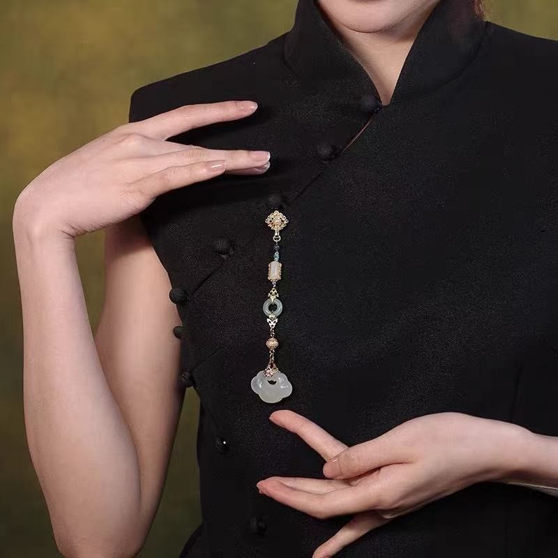 Qipao Frog Button Tassel Pendant, Gold Plated Serpentine Jade Waist Accessory