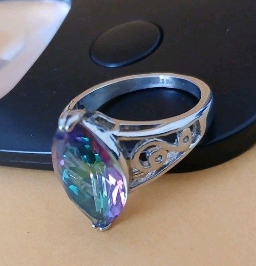 Stainless Steel Size 8 Mystic Fire Look Ring Marquise Shape Silver Scrollwork