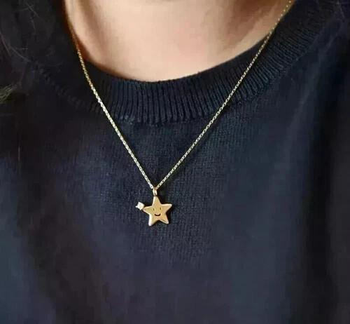 Charm Star Pendant With Chain 14K Yellow Gold Finish Simulated Round Cut Diamond