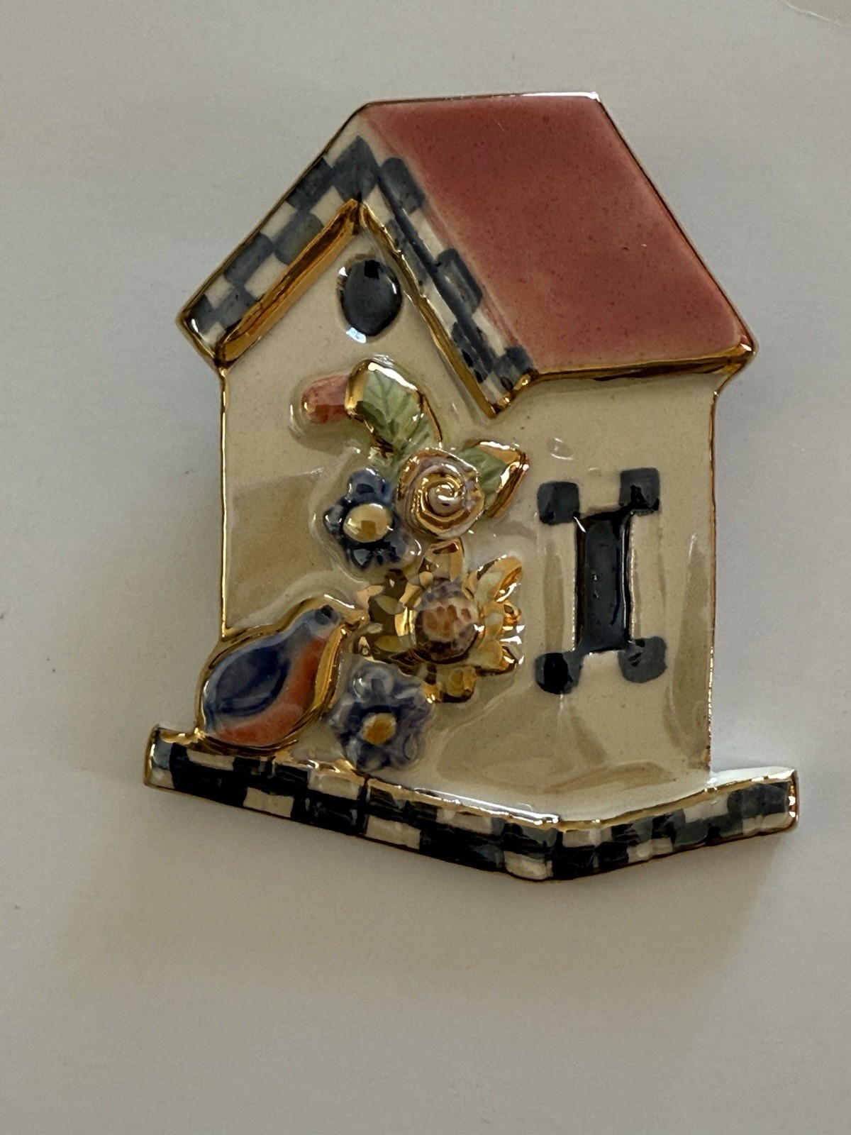 Ceramic Enamel Bird House Brooch Pin Gold Embellished 3-D Effects 2.5” X 2”