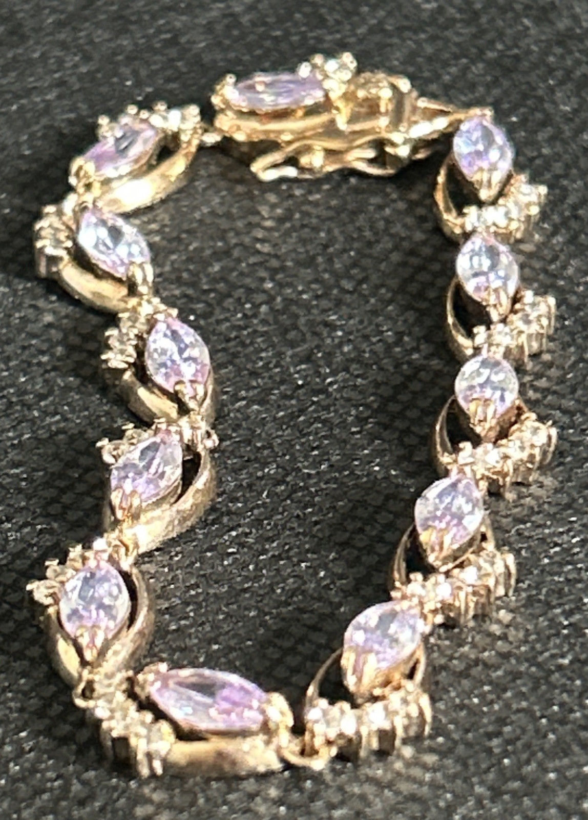 Gold Tone Brass Simulated Amethyst Marquise Rhinestone Tennis Bracelet 7 Inch