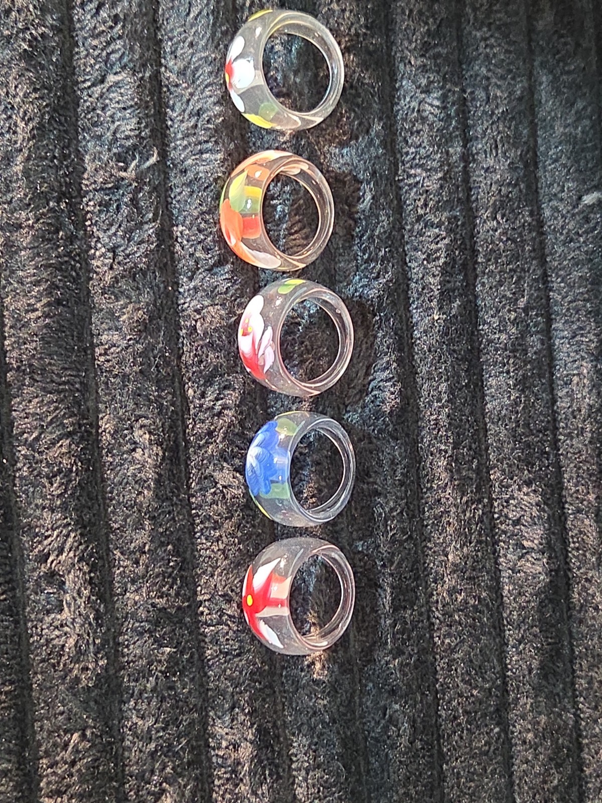 5 Plastic Resin Rings Multicolor Flower Ring Clear Band Handmade Painted Size 10