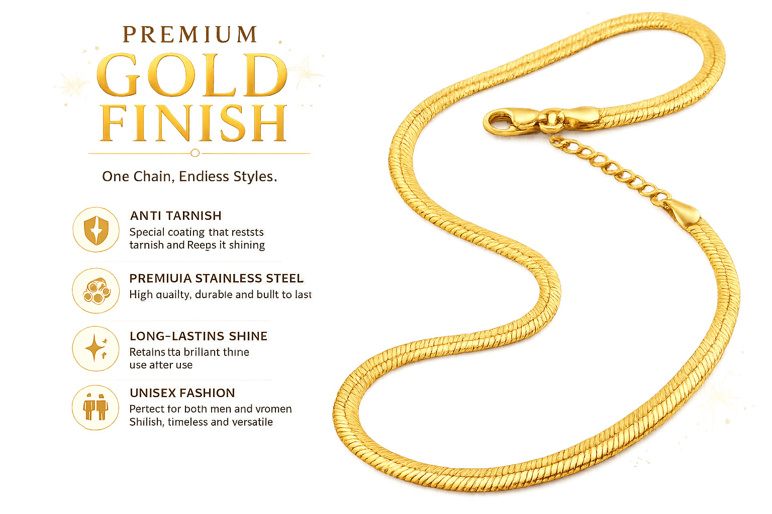 Premium Gold Finish Stainless Steel Chain 22 Inch Unisex Necklace for Men&Women