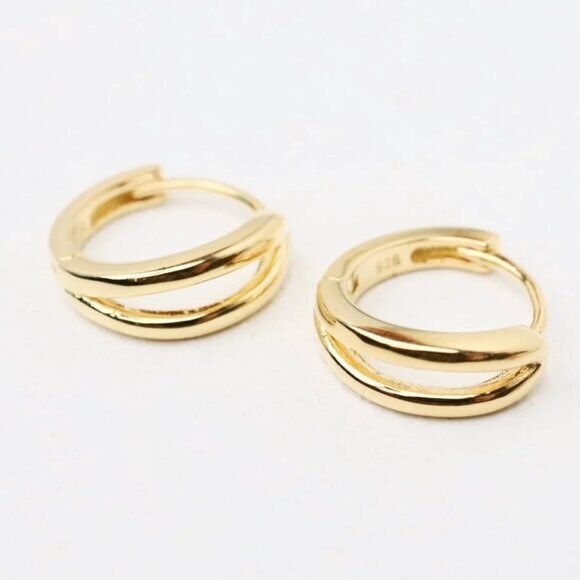 Gold Huggie Earrings Double Hoop Small Thick 18K Gold Huggies For Everyday Wear