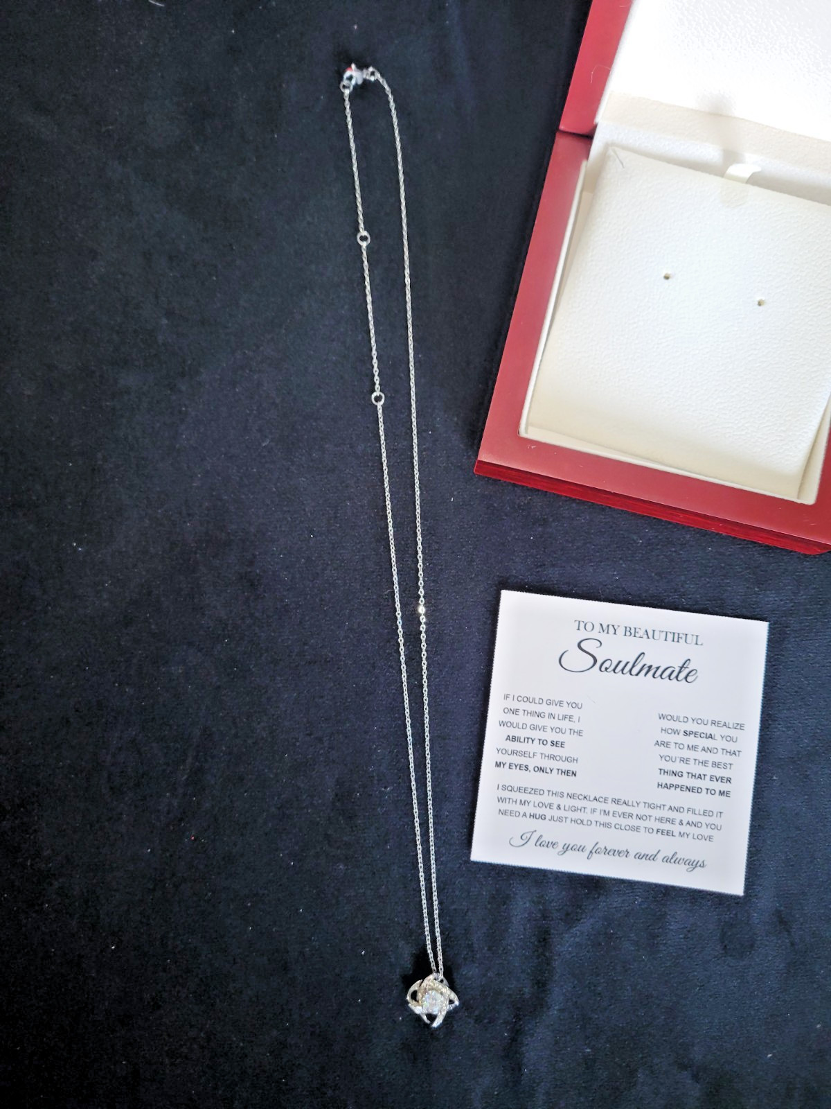 Women’s Soulmate Love Knot Necklace, silver plated, 18 to 22 inch chain.