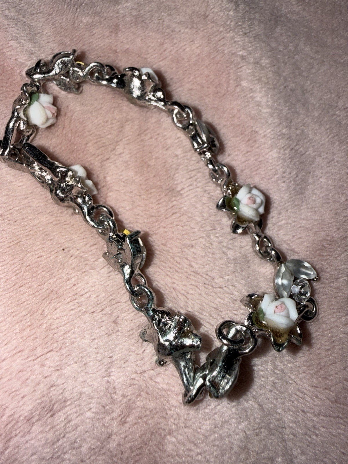 Silver Tone Cable Chain Charm Bracelet Lobster White Rose Clear Glass Dangle