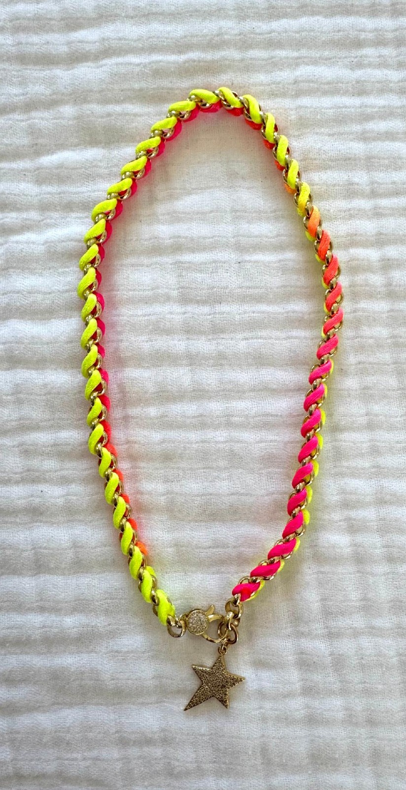 BRACHA Strand NECKLACE STAR Pendant w/ CORD Neon Pink Yellow Orange 15″ $$