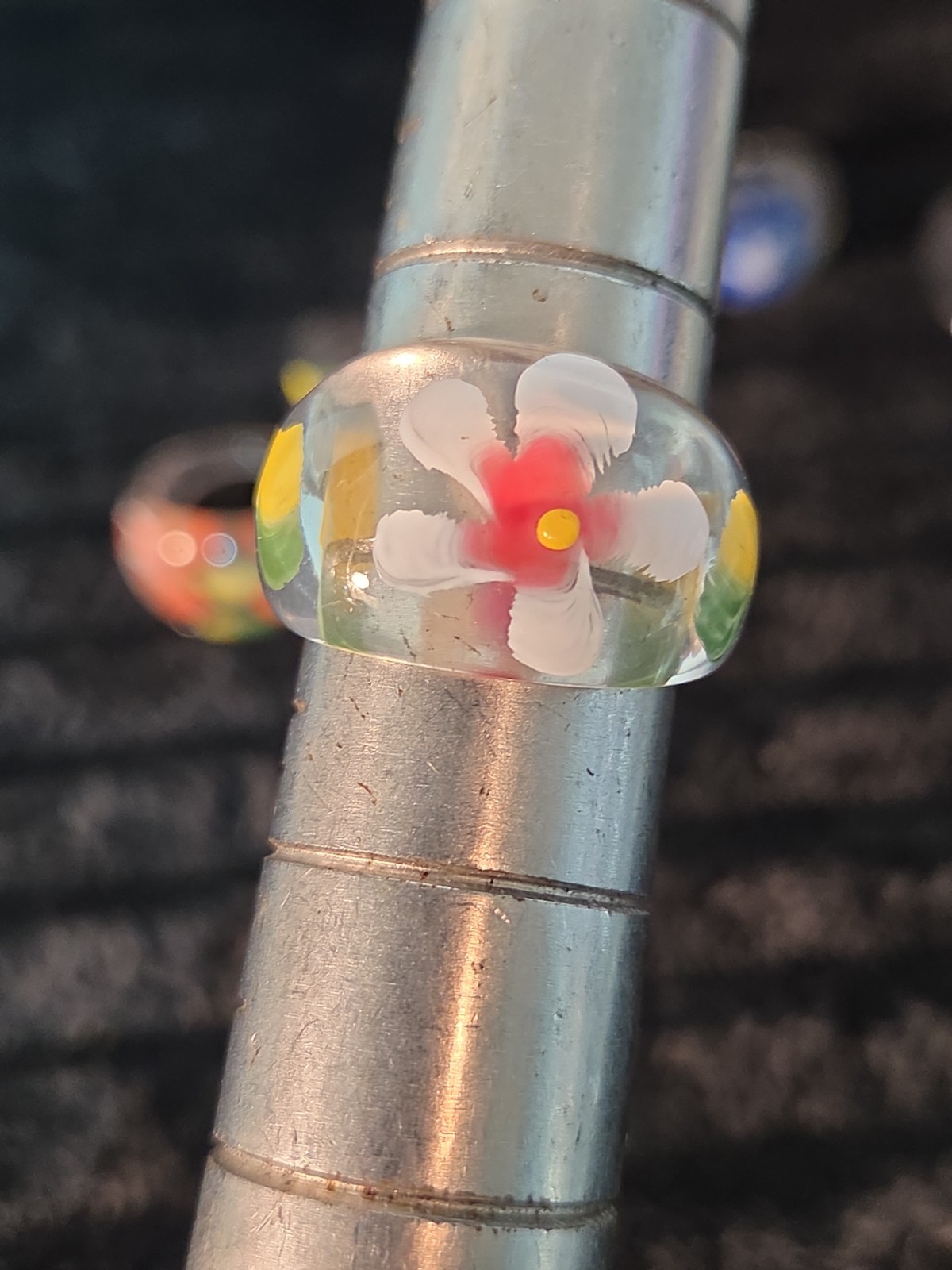 5 Plastic Resin Rings Multicolor Flower Ring Clear Band Handmade Painted Size 10