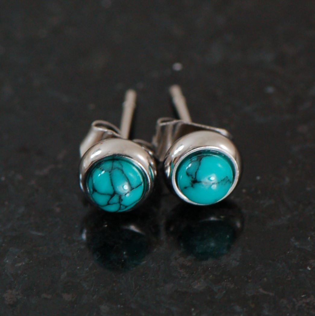 1 Pair Bezeled 6 mm Semi Precious Turquoise Stone 316L Surgical Steel Earrings