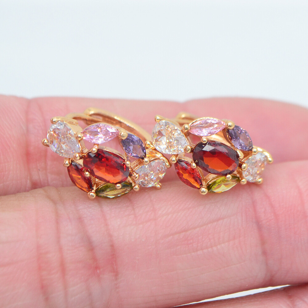 18K Yellow Gold Filled Multicolor Topaz Flower Waterdrop Huggie Earrings