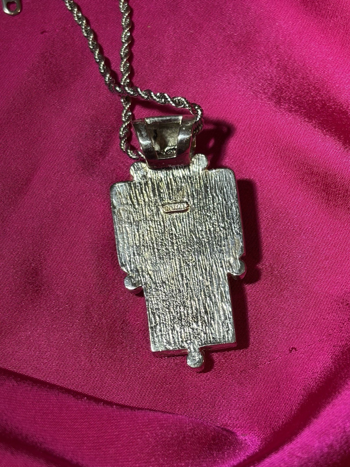Napier Silver Tone Rope Chain Necklace Rectangle Blue White Inlay Pendant
