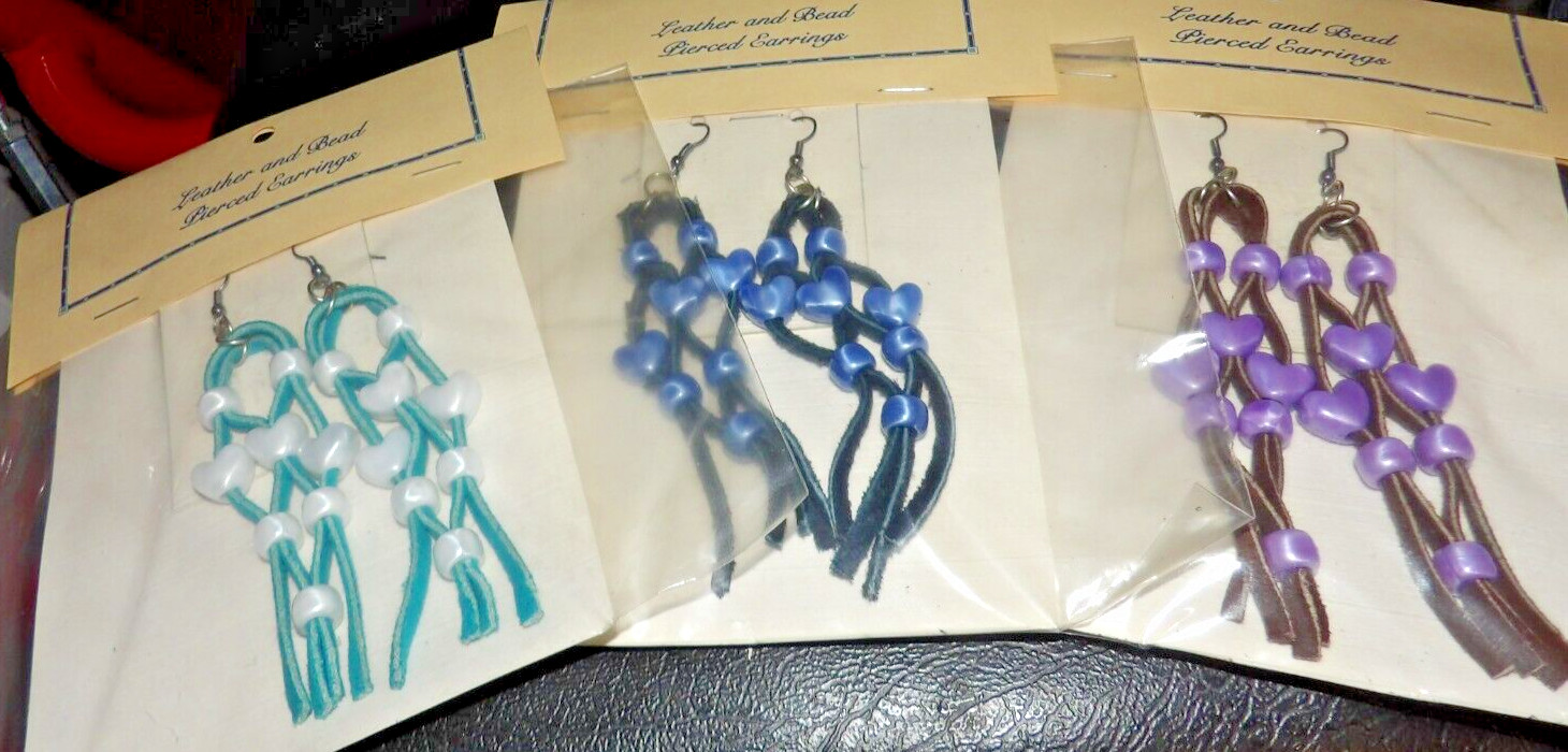 Lot of 5 pair 5′ LONG HAND MADE LEATHER & BEAD EARRINGS.. (sku 8/29