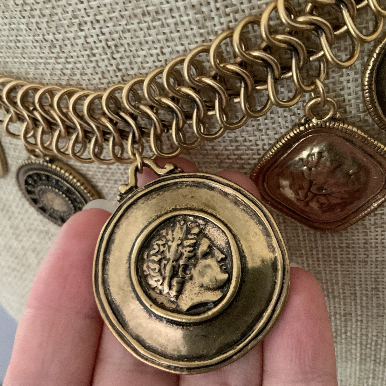 Chico’s Roman Coin Statement Necklace Antique Brass Medallion Charm Bib